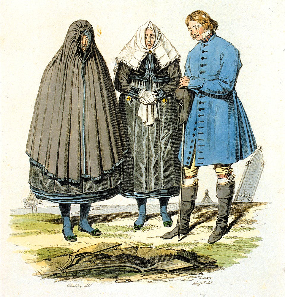 sorgedrakt Här ses bönder från Torna härad i Skåne, iförda sorgedräkter.